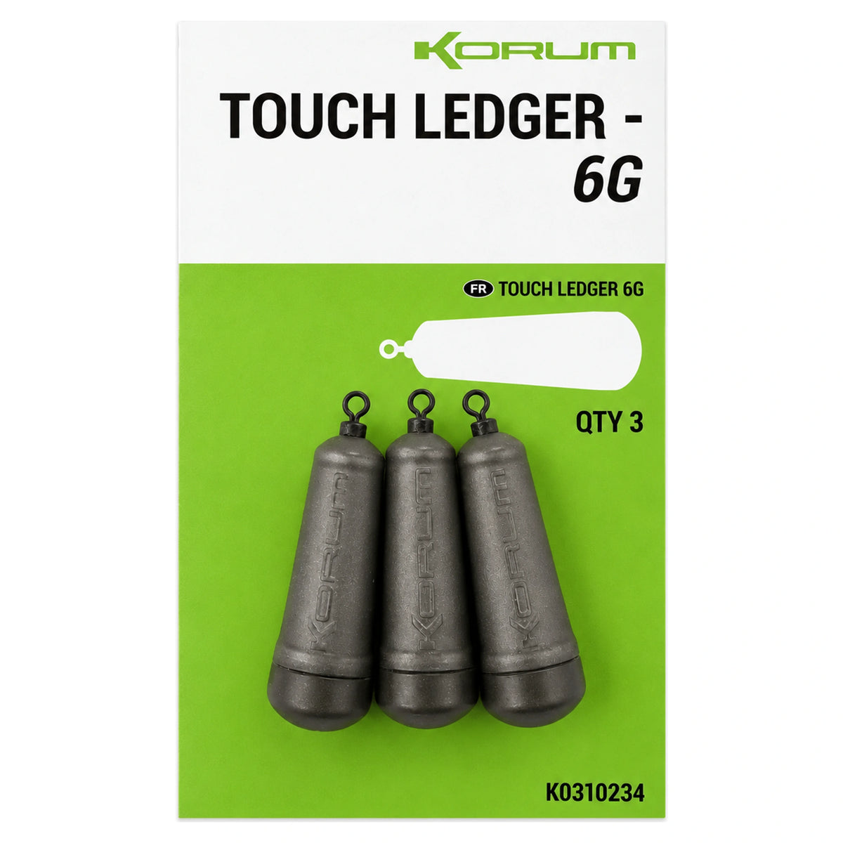 Korum Touch Ledger verpakking met drie grijze bodemgewichten van 6 g