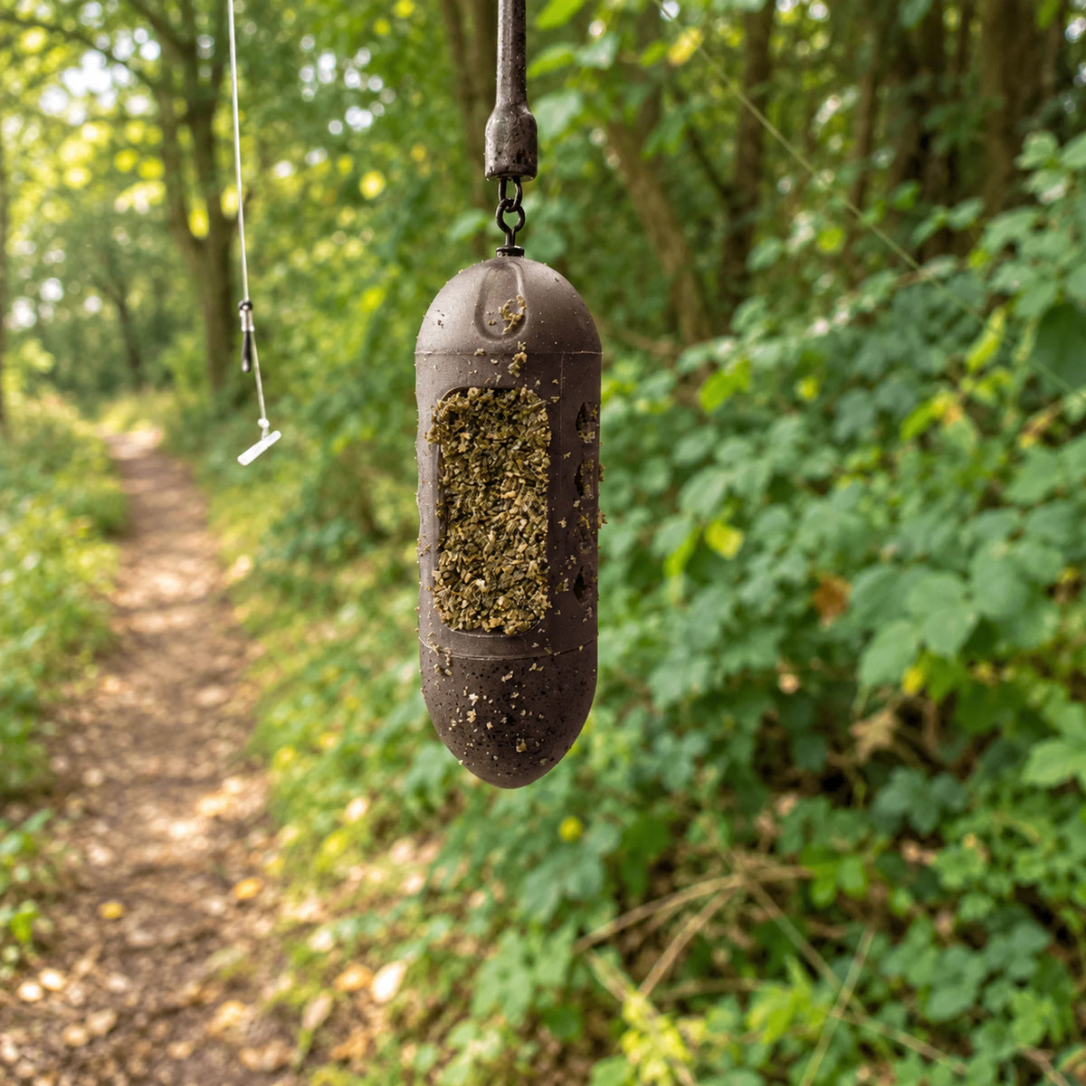 Korum Window Combi Feeder – hangend en gevuld met grondvoer