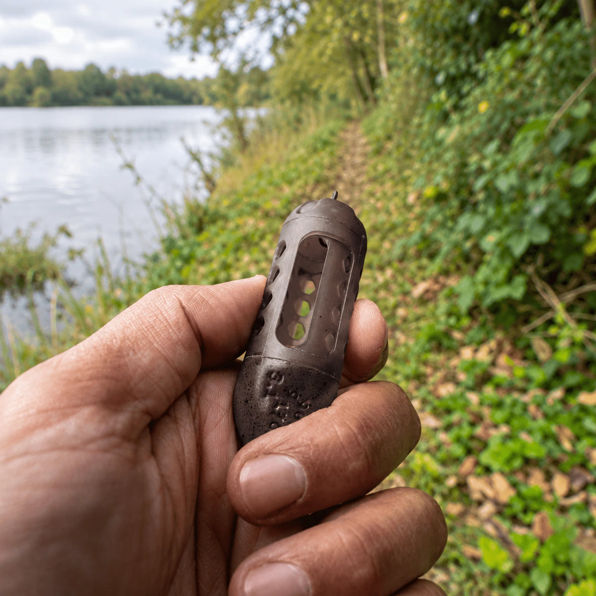 Korum Window Combi Feeder – leeg model in de hand aan de waterkant