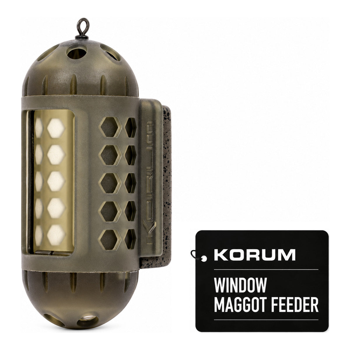 Korum Window Maggot Feeder – frontale madenkorf met vijf openingen en algemeen productlabel zonder variantgewicht
