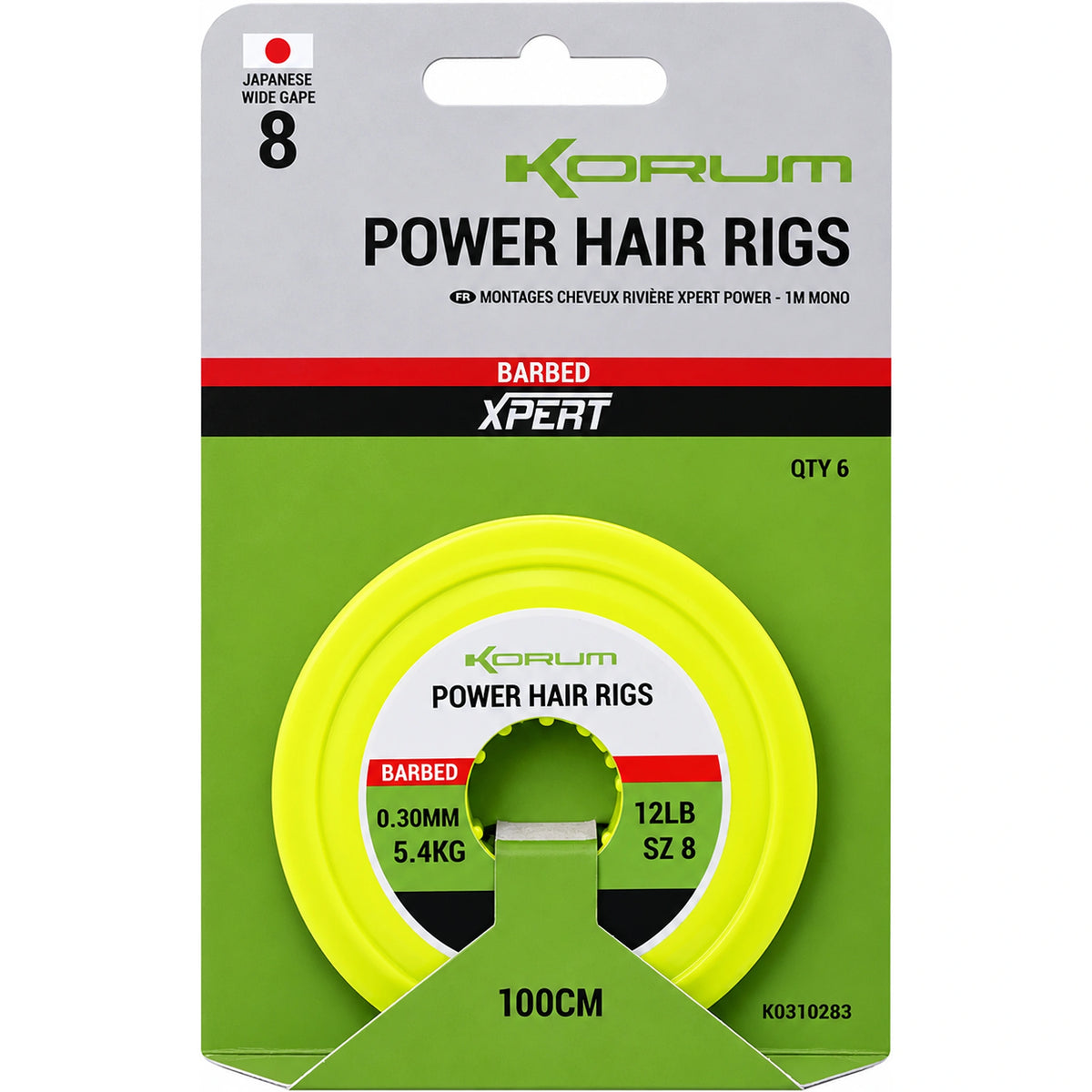 Korum Xpert Power Hair Rigs – verpakking met gele spoel, haakmaat 8, 0,30 mm, 12 lb en 100 cm-opdruk.