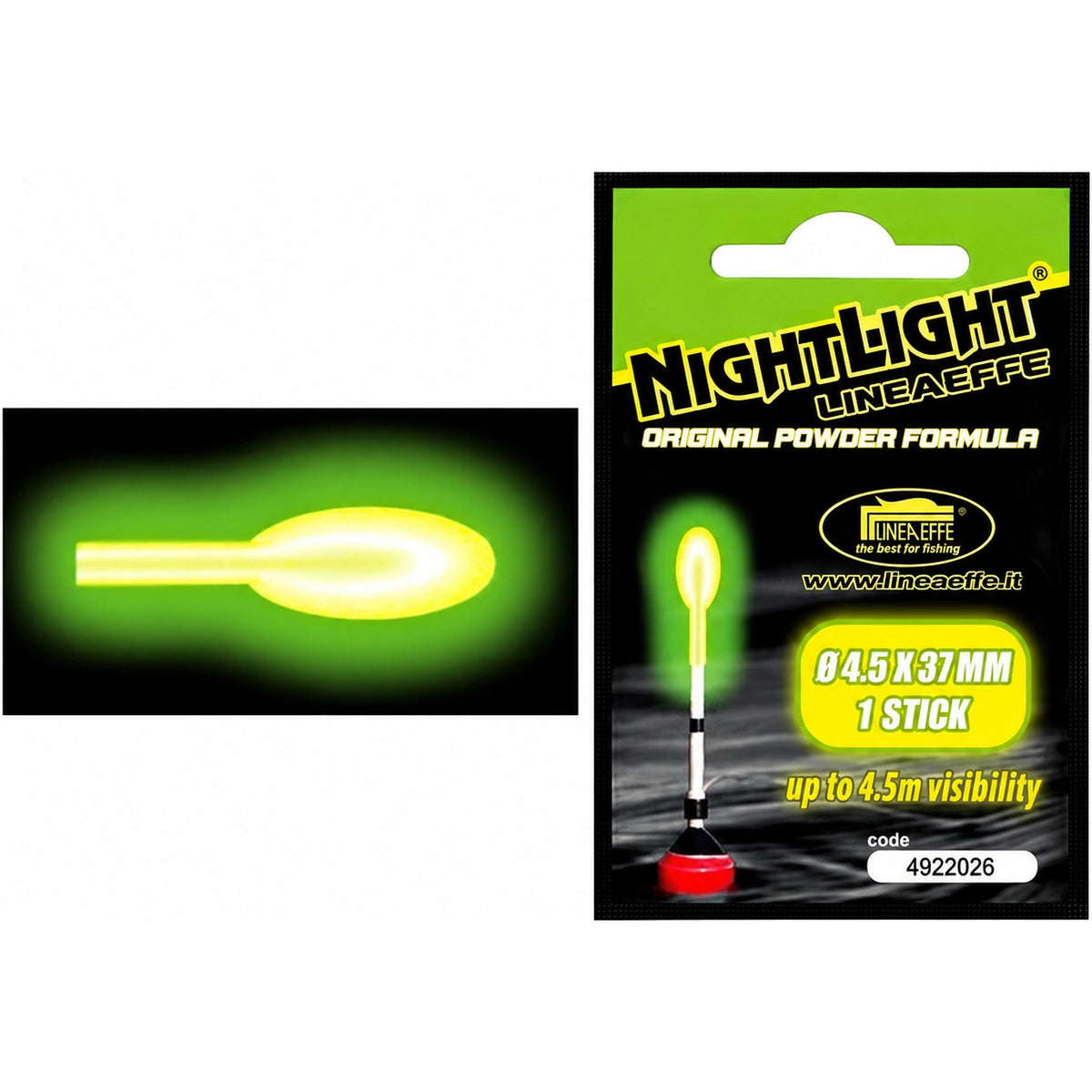 Lineaeffe Nightlight: geelgroene lichtantenne naast de zwart-groene verpakking.