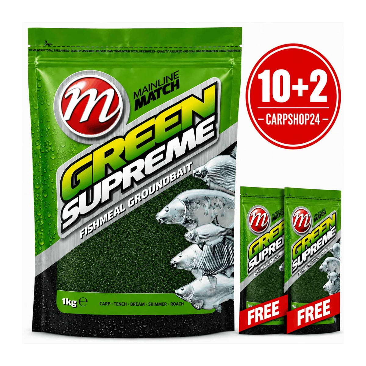Mainline Match Green Supreme Fishmeal 1kg – groene verpakkingen met 10+2-actie