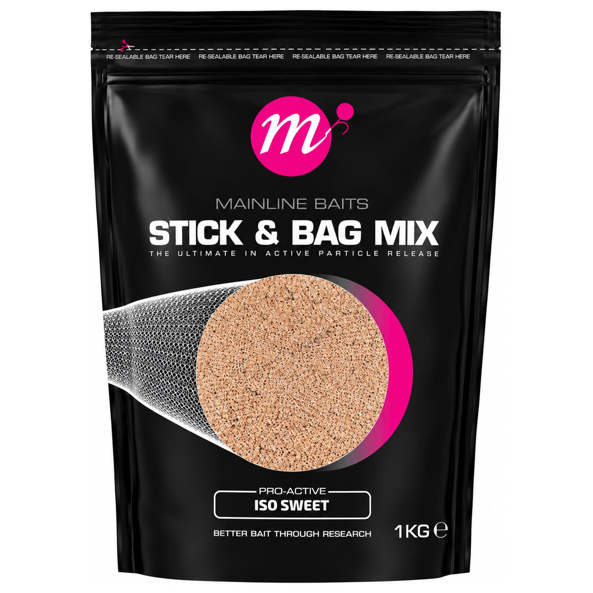 Zwarte Mainline ISO Sweet Stick & Bag Mix-zak van 1 kg met roze logo en voer- en PVA-afbeelding