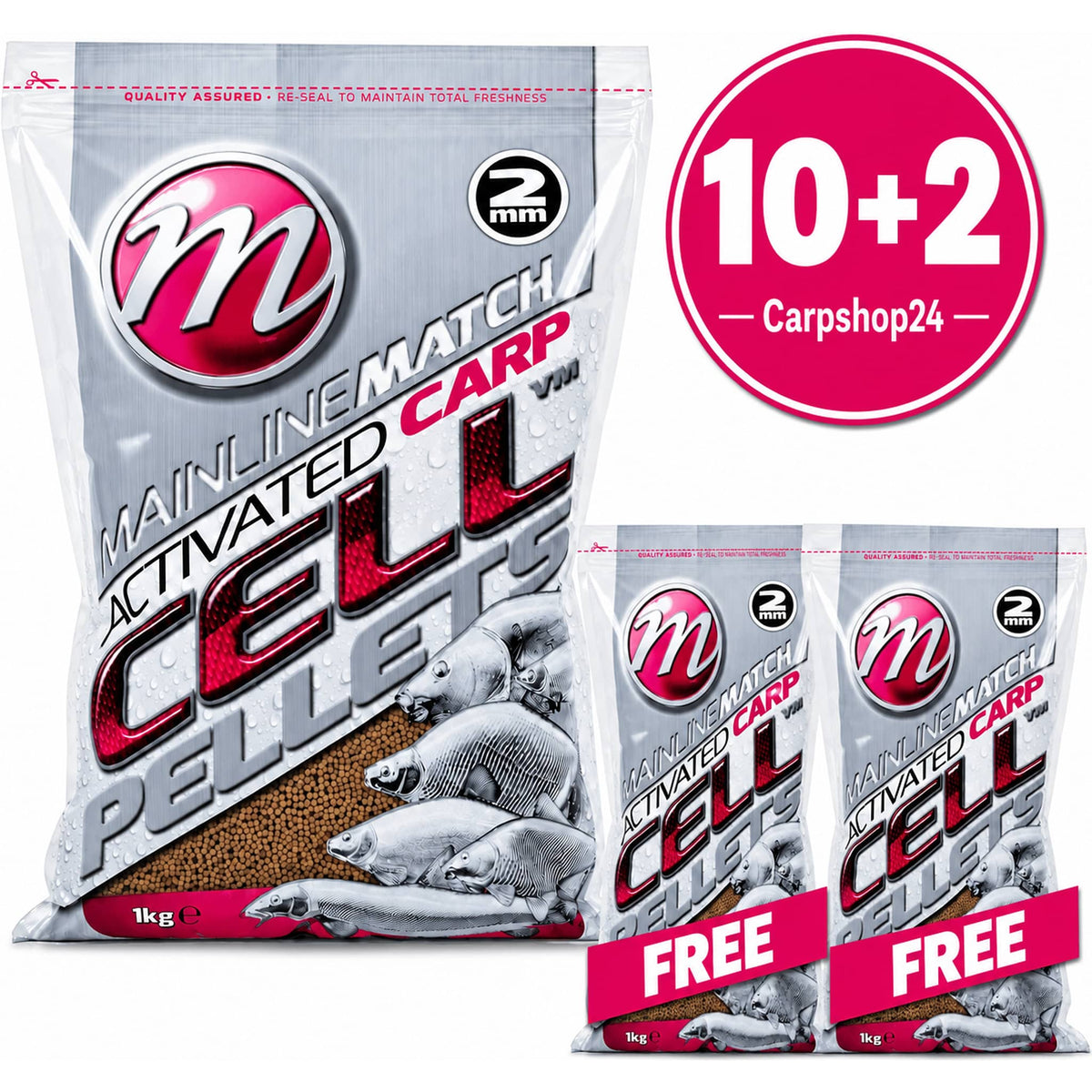 Mainline Match Activated Carp Cell – drie 1kg-verpakkingen van 2 mm met 10+2-badge en FREE-linten