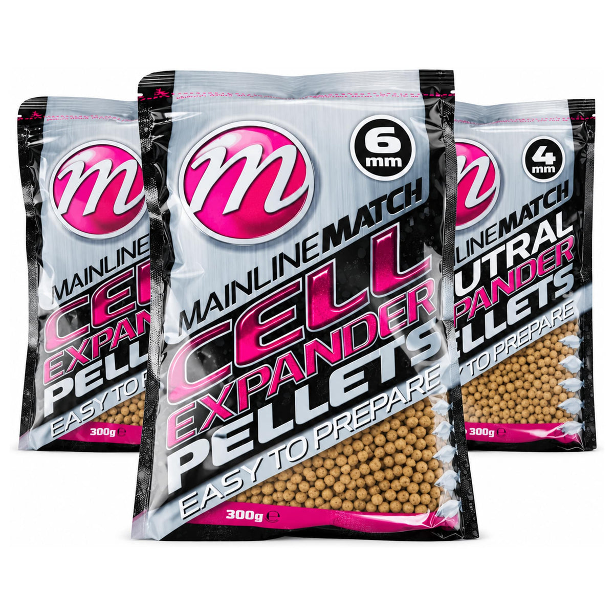 Drie Mainline Match Expander Pellets-zakken van 300g, met Cell 6mm vooraan en Natural 4mm rechts
