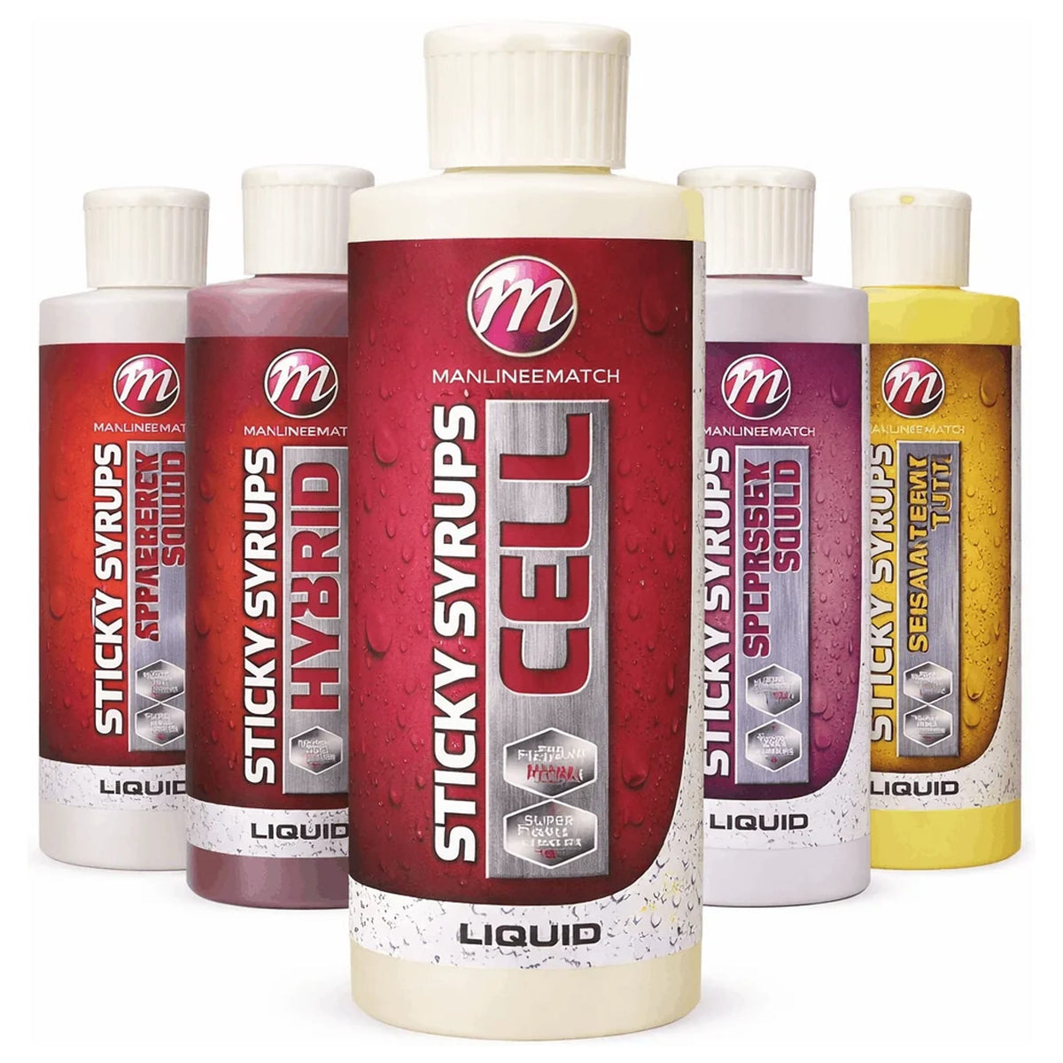 Vijf Mainline Sticky Syrups-flessen met witte doppen en rode, paarse en gele etiketten, met Cell vooraan