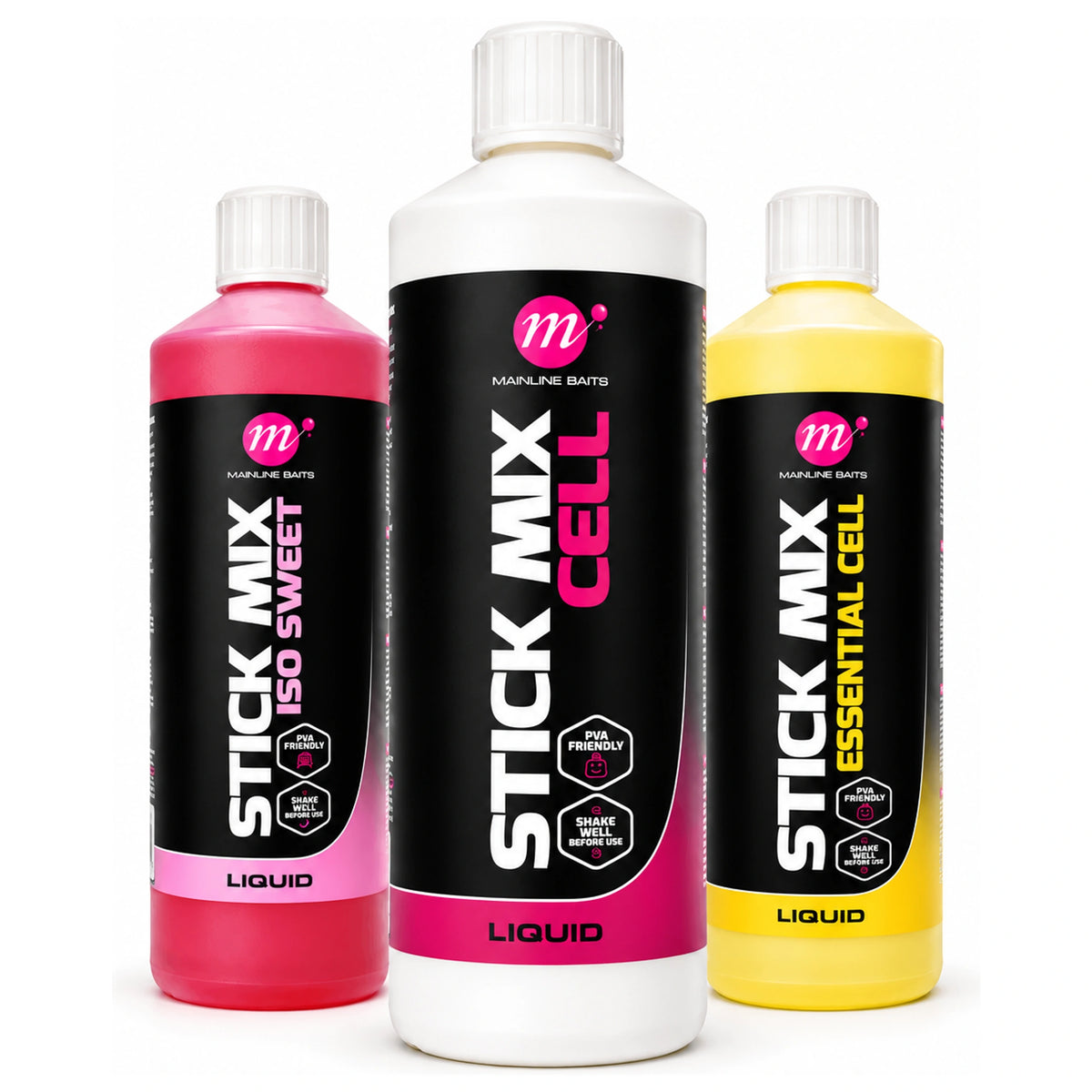 Drie Mainline Stick Mix Liquid-flessen met witte doppen: roze Iso Sweet, witte Cell en gele Essential Cell