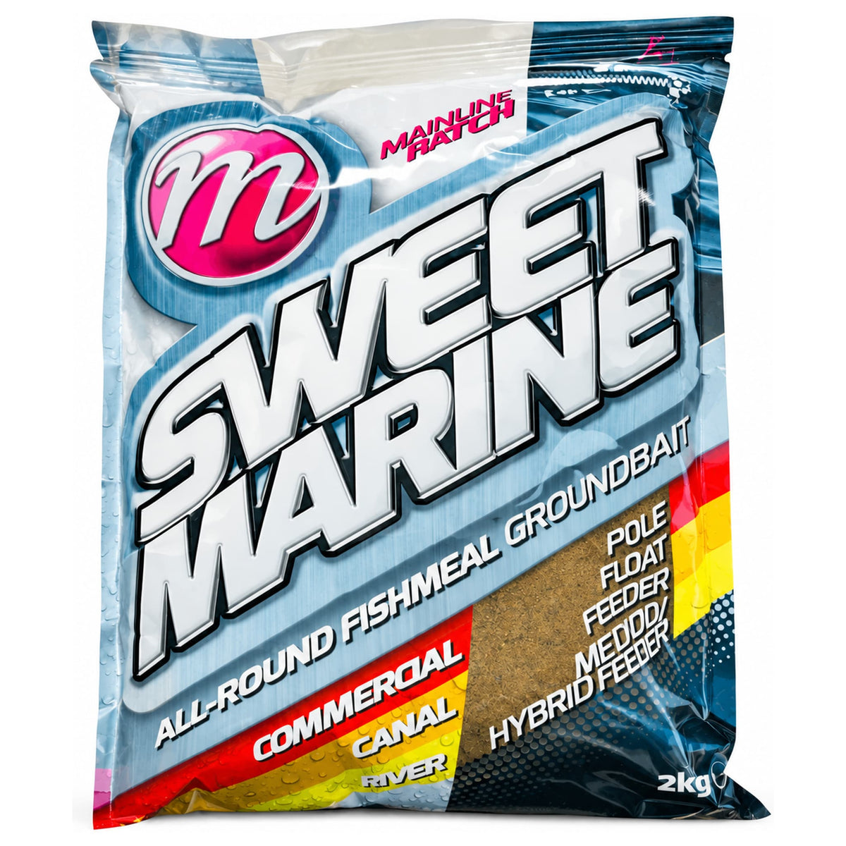 Mainline Match Sweet Marine-grondvoerzak van 2kg met blauw etiket, roze logo en venster met bruin grondvoer