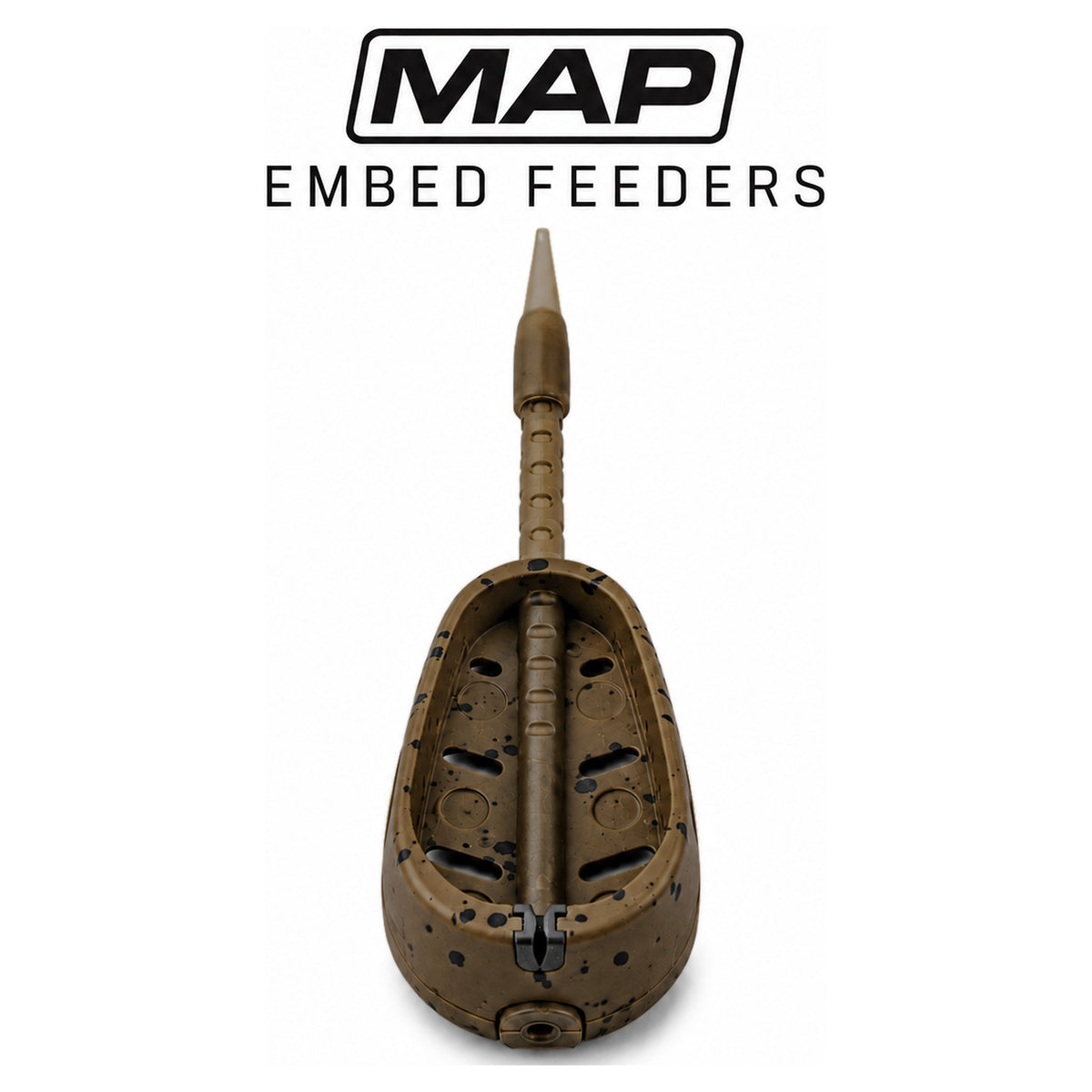 MAP Embed Feeders Inline – bruine gespikkelde methodfeeder met opstaande rand en inline-steel