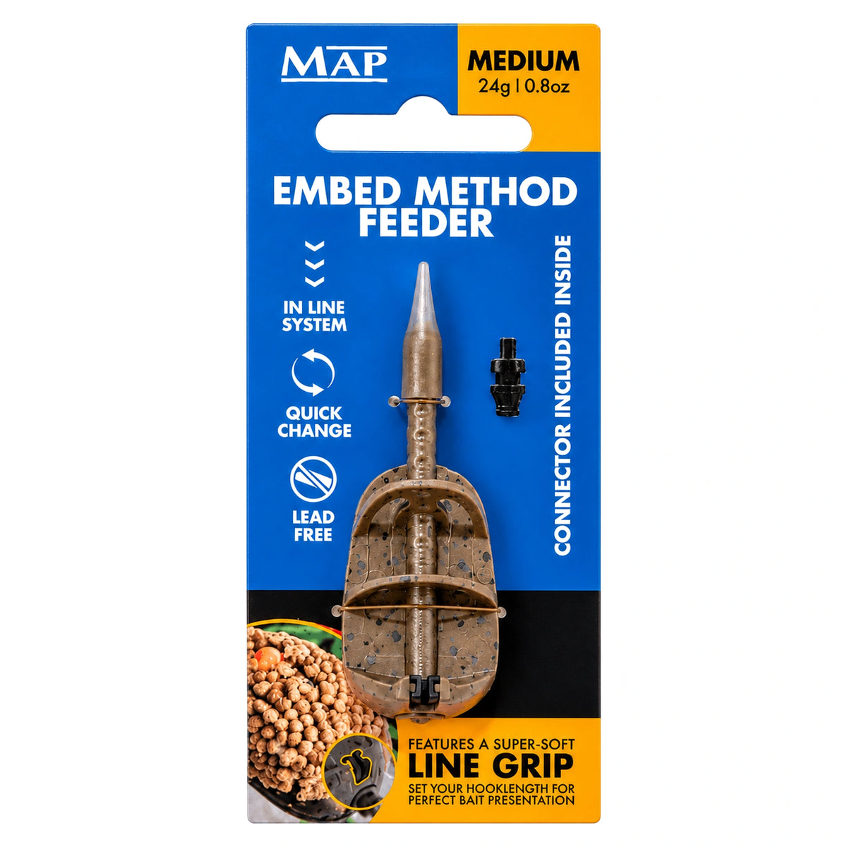 MAP Embed Method Feeder – Medium 24g in de originele blauw-oranje verpakking met connector