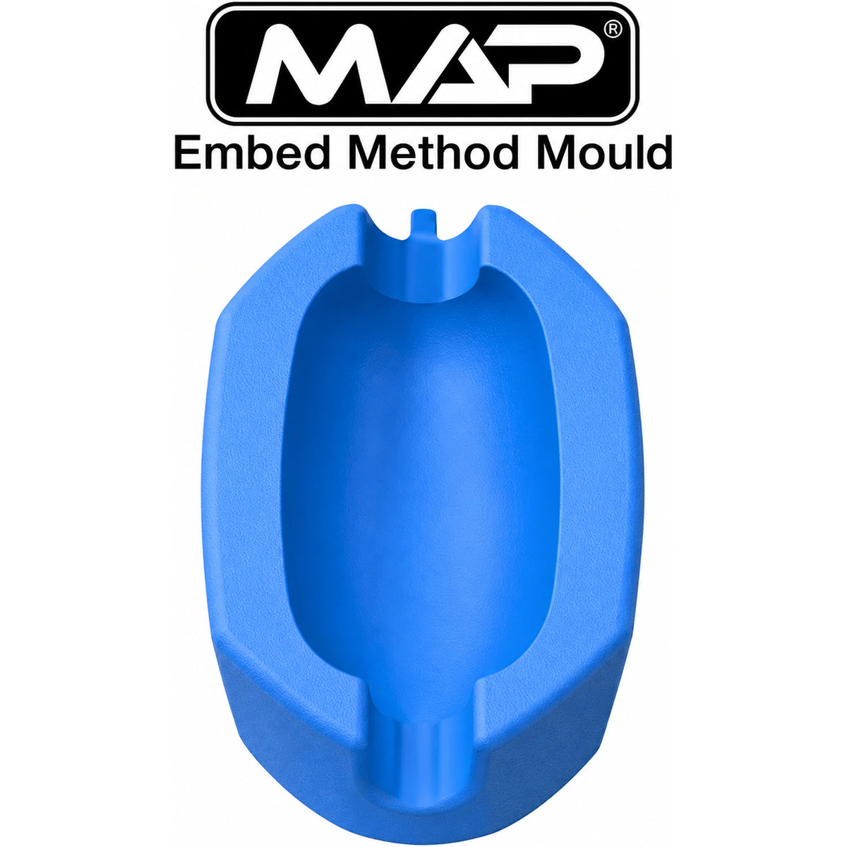 Blauwe MAP Embed Method Mould, van boven gezien met de ovale binnenvorm en uitsparingen.