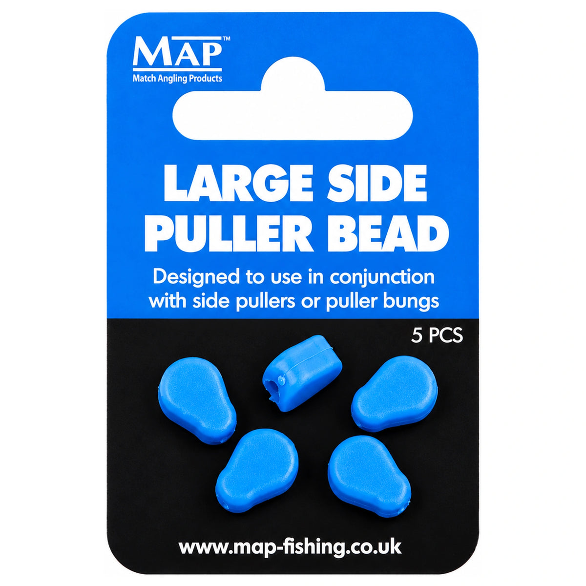 MAP Large Side Puller Bead-verpakking met vijf blauwe trekkralen op een blauw-zwarte kaart