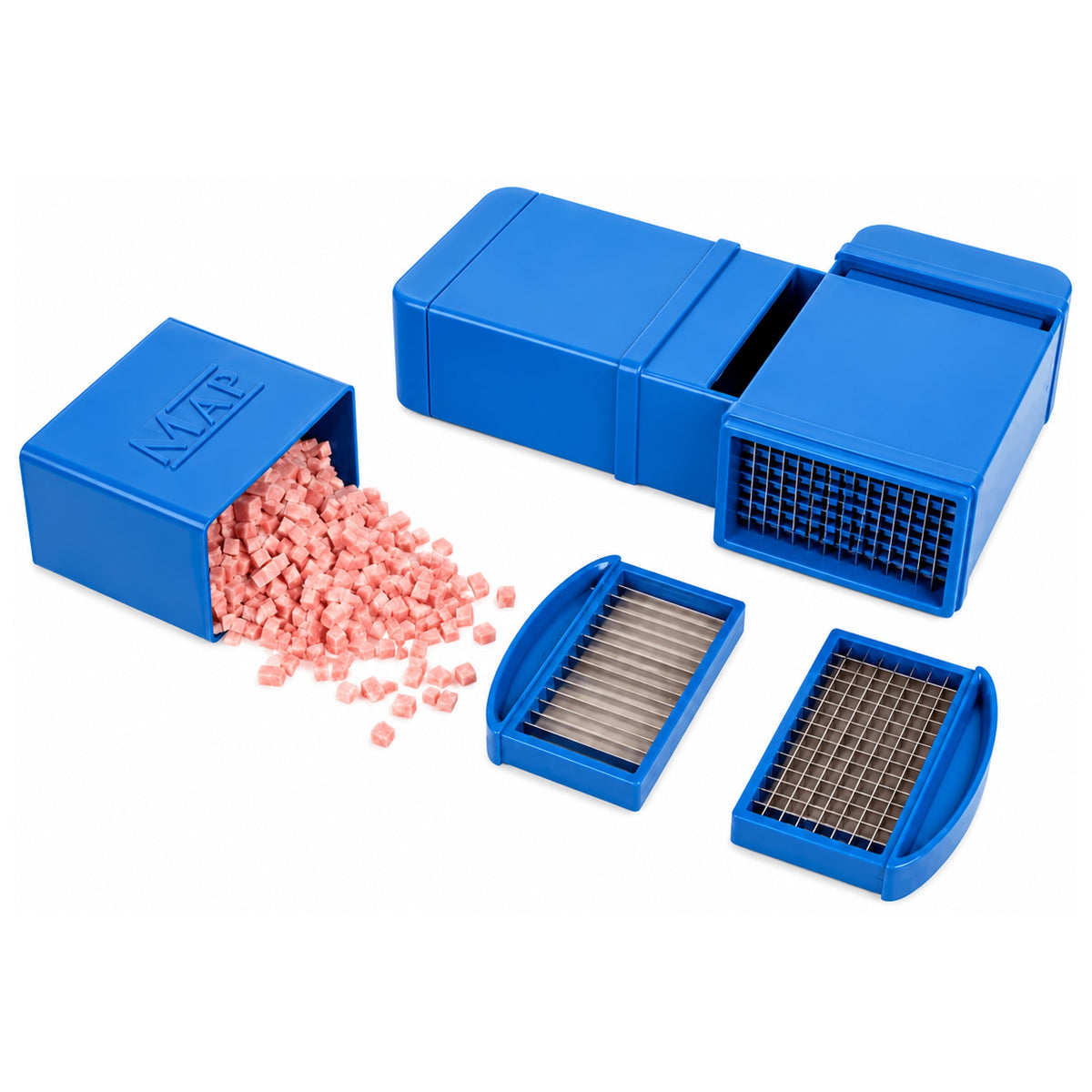 MAP Meat Cutter met opvangbak, vleesblokjes en twee losse messencassettes