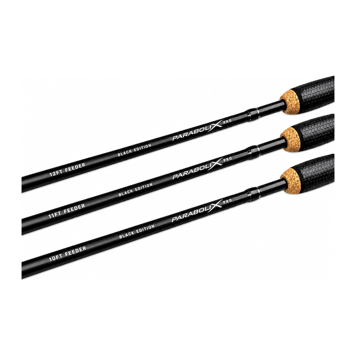 MAP Parabolix Black Edition Pro Feeders SUV – overzicht van de 12 ft, 11 ft en 10 ft hengels met handgrepen en lengteopdruk