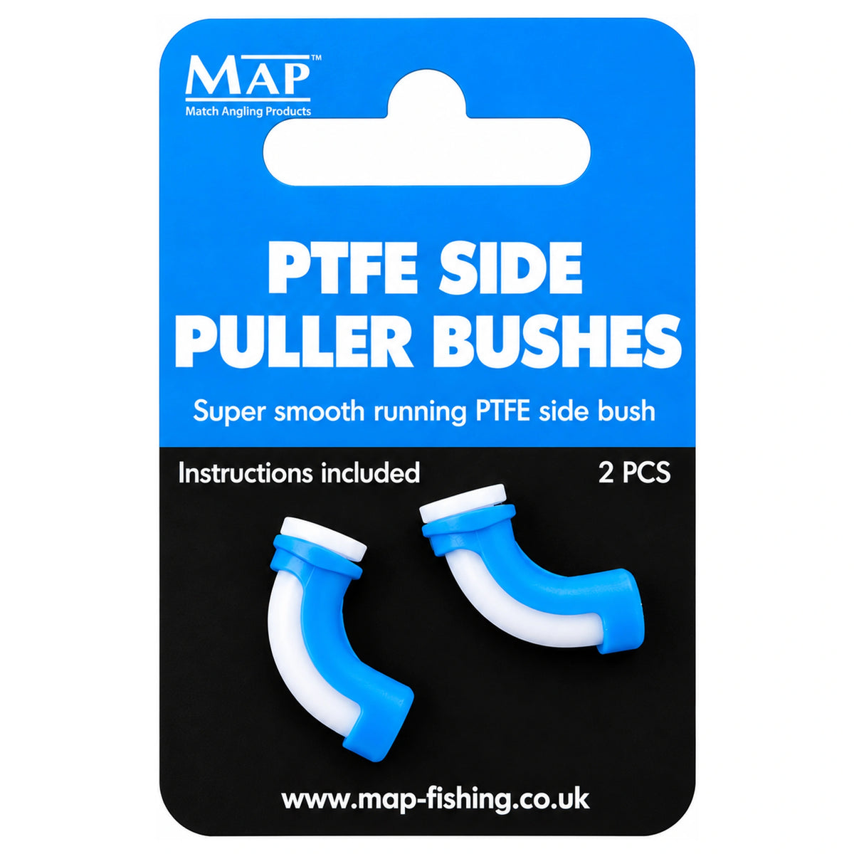 MAP PTFE Side Puller-verpakking met twee gebogen blauw-witte pulla-bussen op een blauw-zwarte kaart