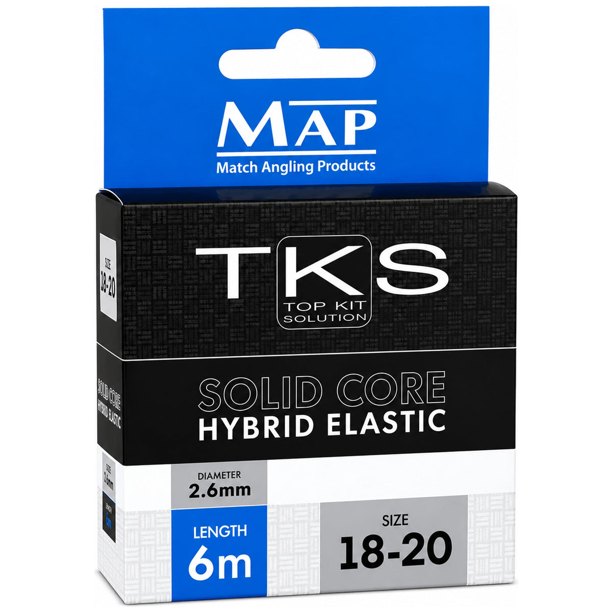 Blauw-zwarte MAP TKS-verpakking met opdruk Solid Core Hybrid Elastic, diameter 2.6 mm, lengte 6 m en maat 18–20.