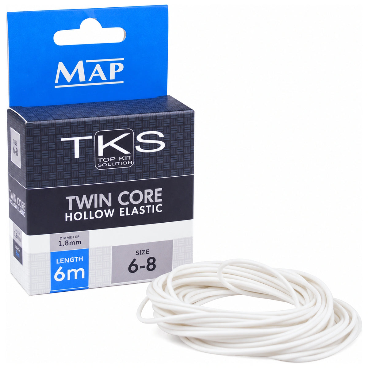 MAP TKS Twin Core Hollow Elastic-verpakking met 1,8 mm, 6 m en maat 6-8, naast een witte elastieklus