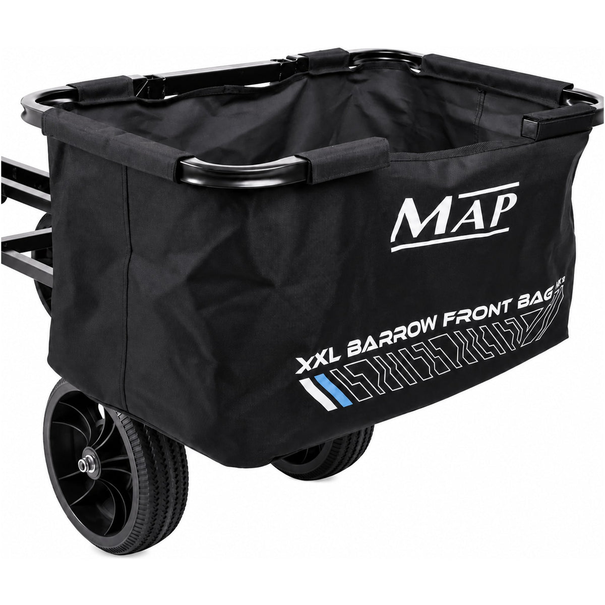 Zwarte open MAP transportkartas met metalen rand, wielen en witte opdruk XXL BARROW FRONT BAG MK2.