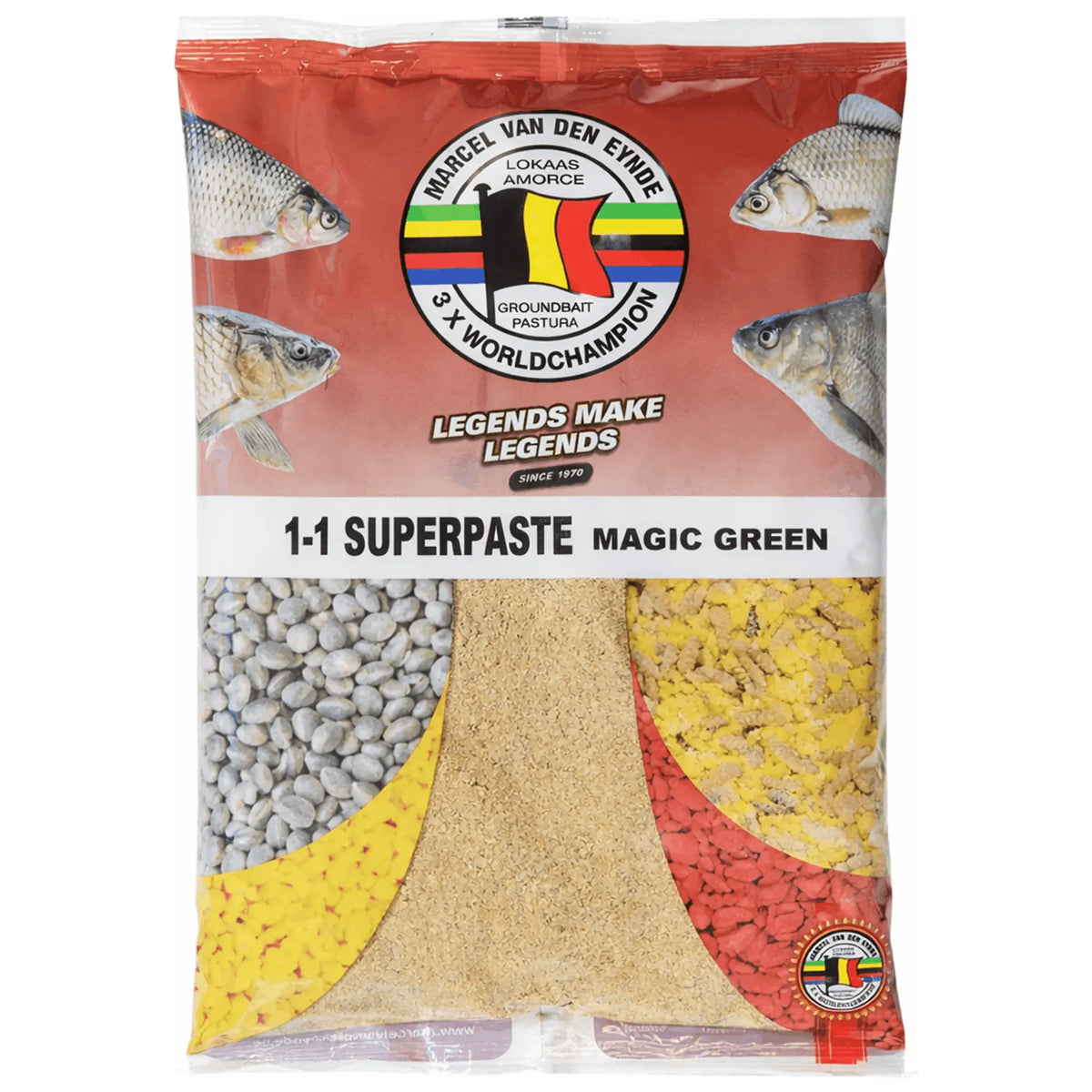 Van den Eynde 1-1 Superpaste Magic Green in rode verpakking met vissen en voerafbeeldingen