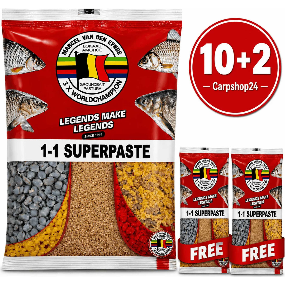 Marcel Van Den Eynde 1-1 Superpaste – drie verpakkingen met 10+2-badge en twee FREE-linten