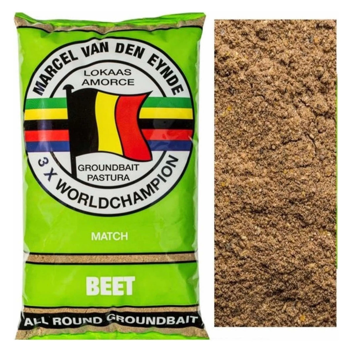 Marcel Van Den Eynde Beet 1kg grondvoer met close-up van de voerstructuur