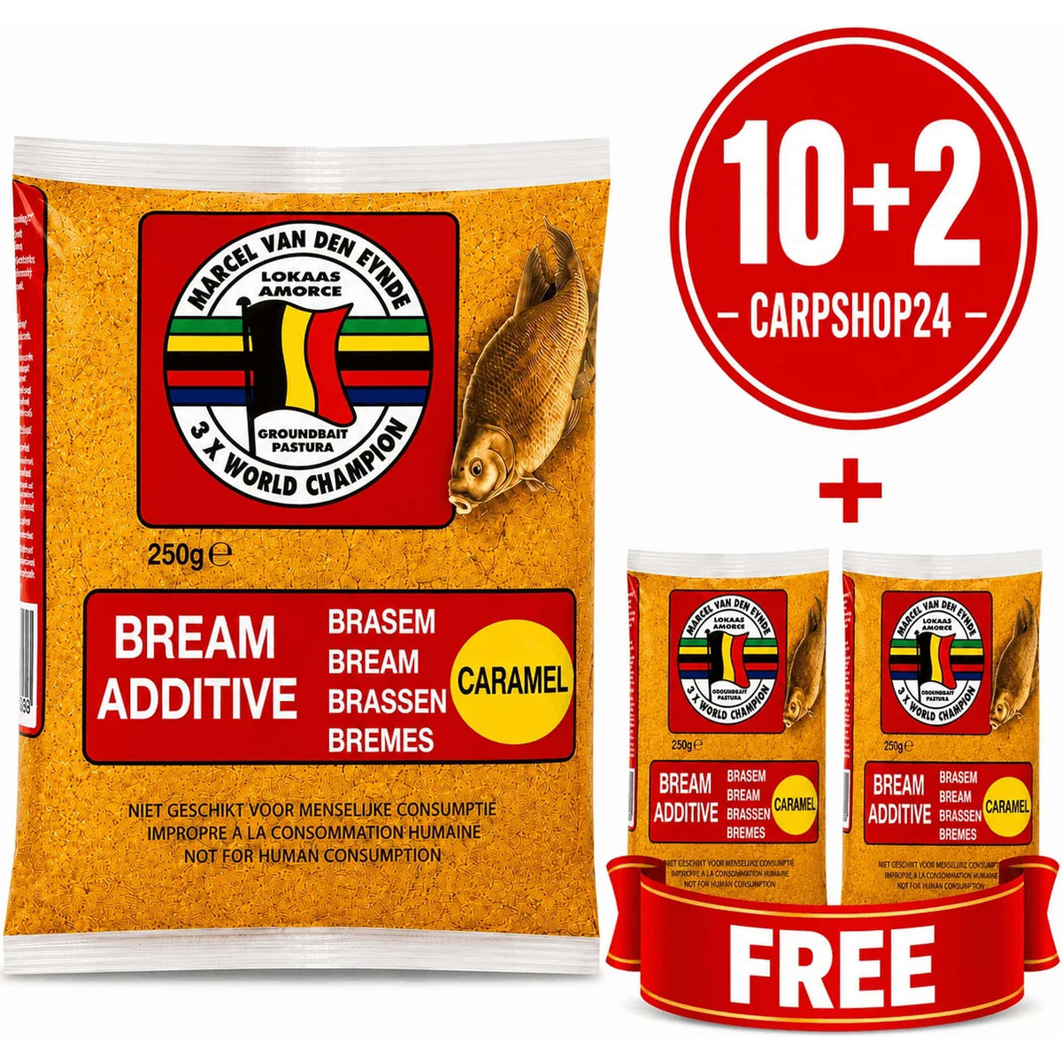 Marcel Van Den Eynde Bream Caramel 250g – drie zakken met 10+2-badge en FREE-lint