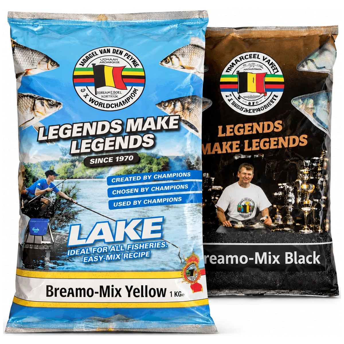 Twee zakken Van Den Eynde Breamo-Mix grondvoer: Yellow vooraan en Black erachter