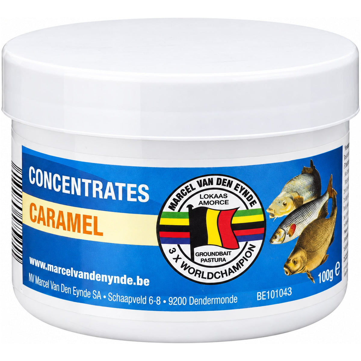 Witte pot Concentrates Caramel 100g met blauw etiket, gele band en drie vissen naast het merklogo.