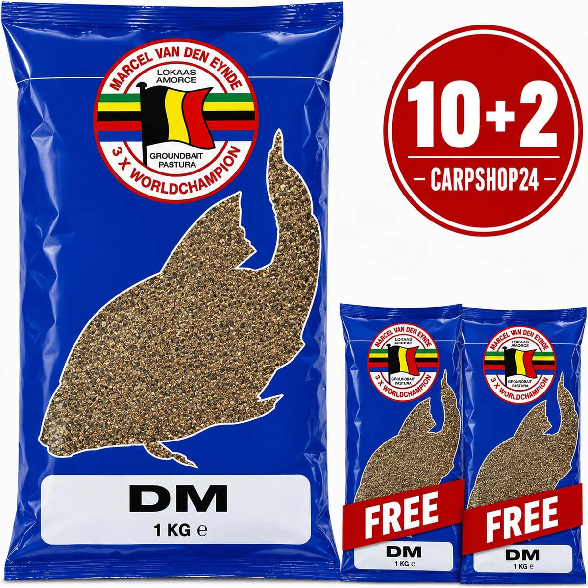Marcel Van Den Eynde DM 1kg – drie blauwe verpakkingen met 10+2-badge en twee FREE-linten