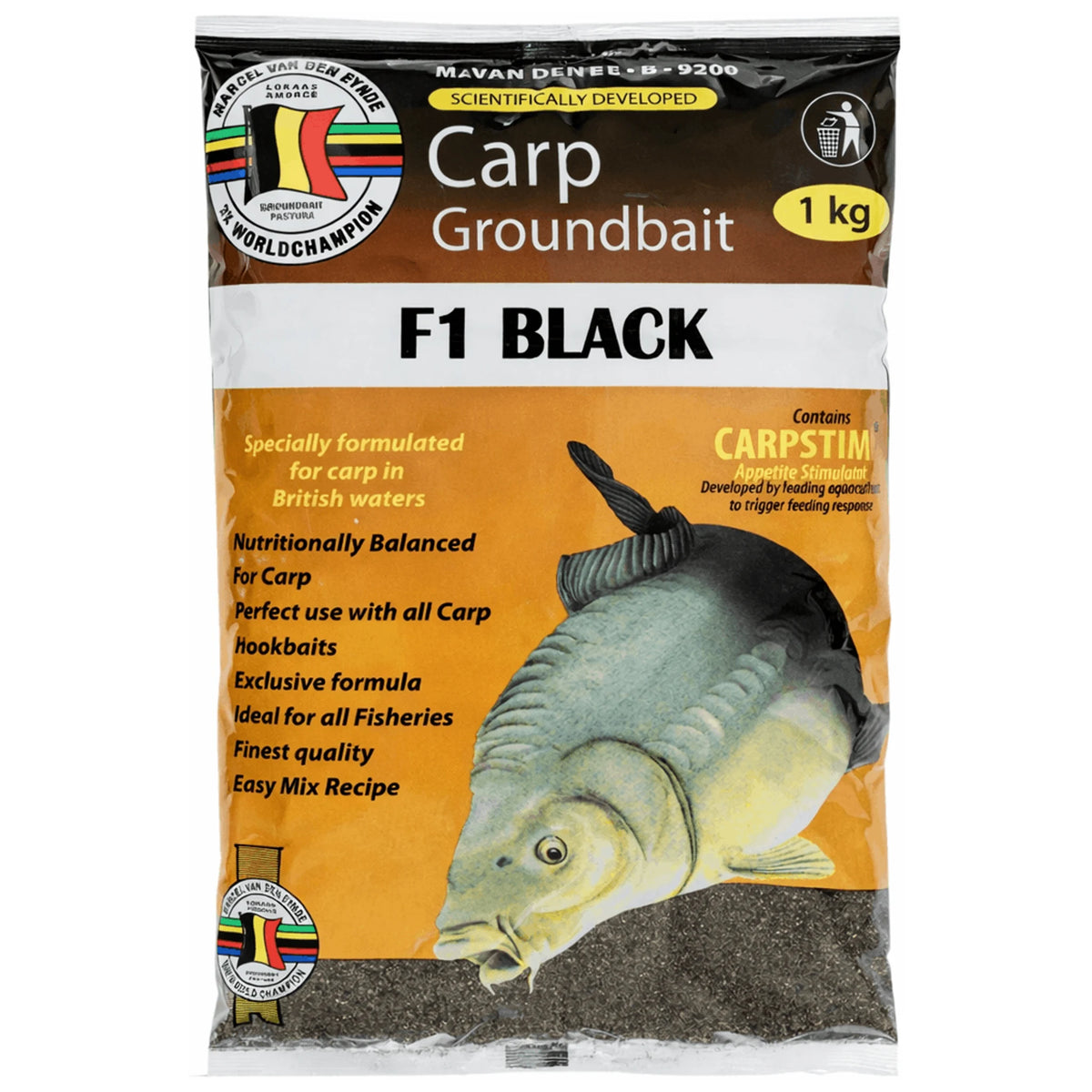 Van den Eynde F1 Black 1 kg in oranje verpakking met karper en zwart grondvoer