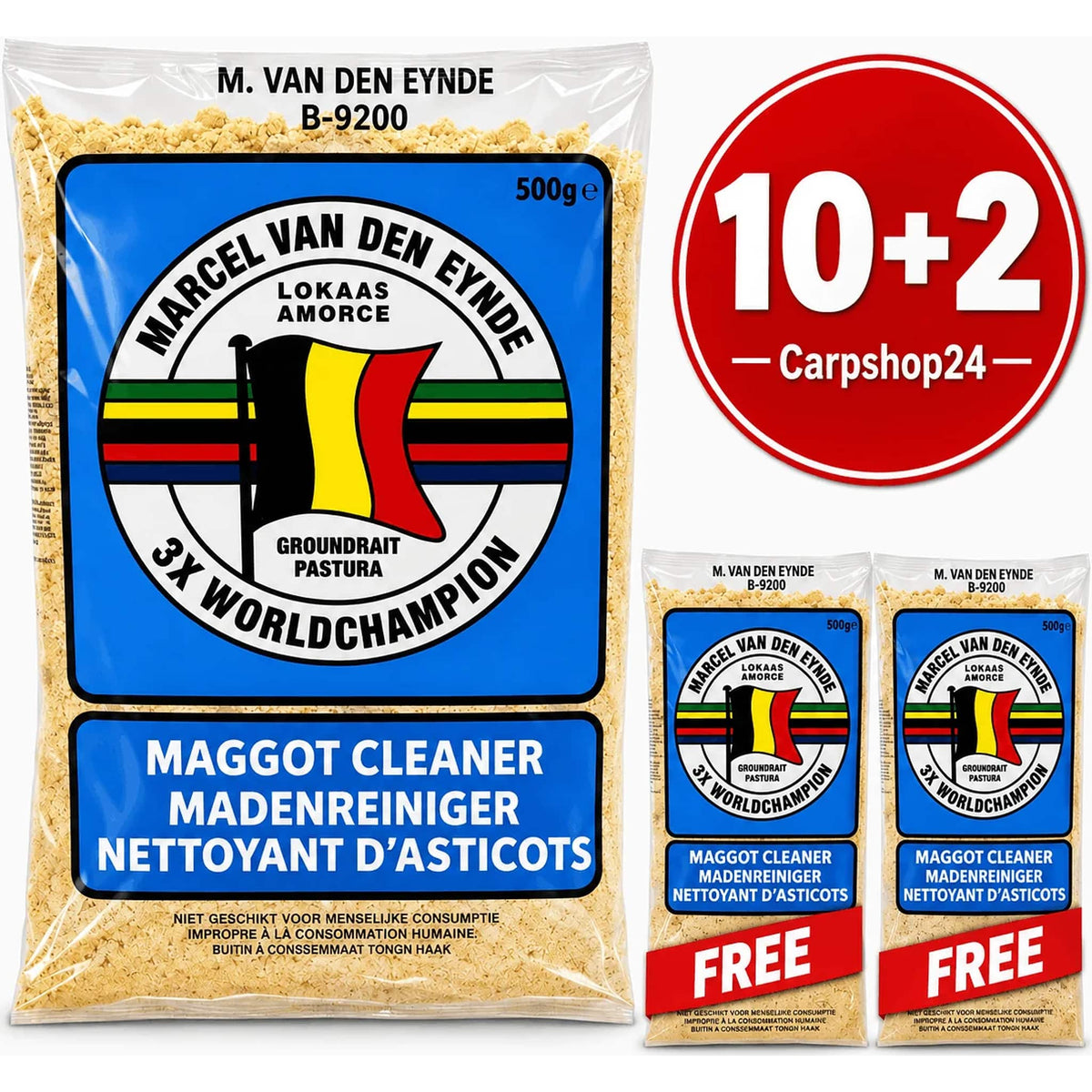 Marcel Van Den Eynde Maggot Cleaner 500g – drie zakken met 10+2-badge en twee FREE-linten