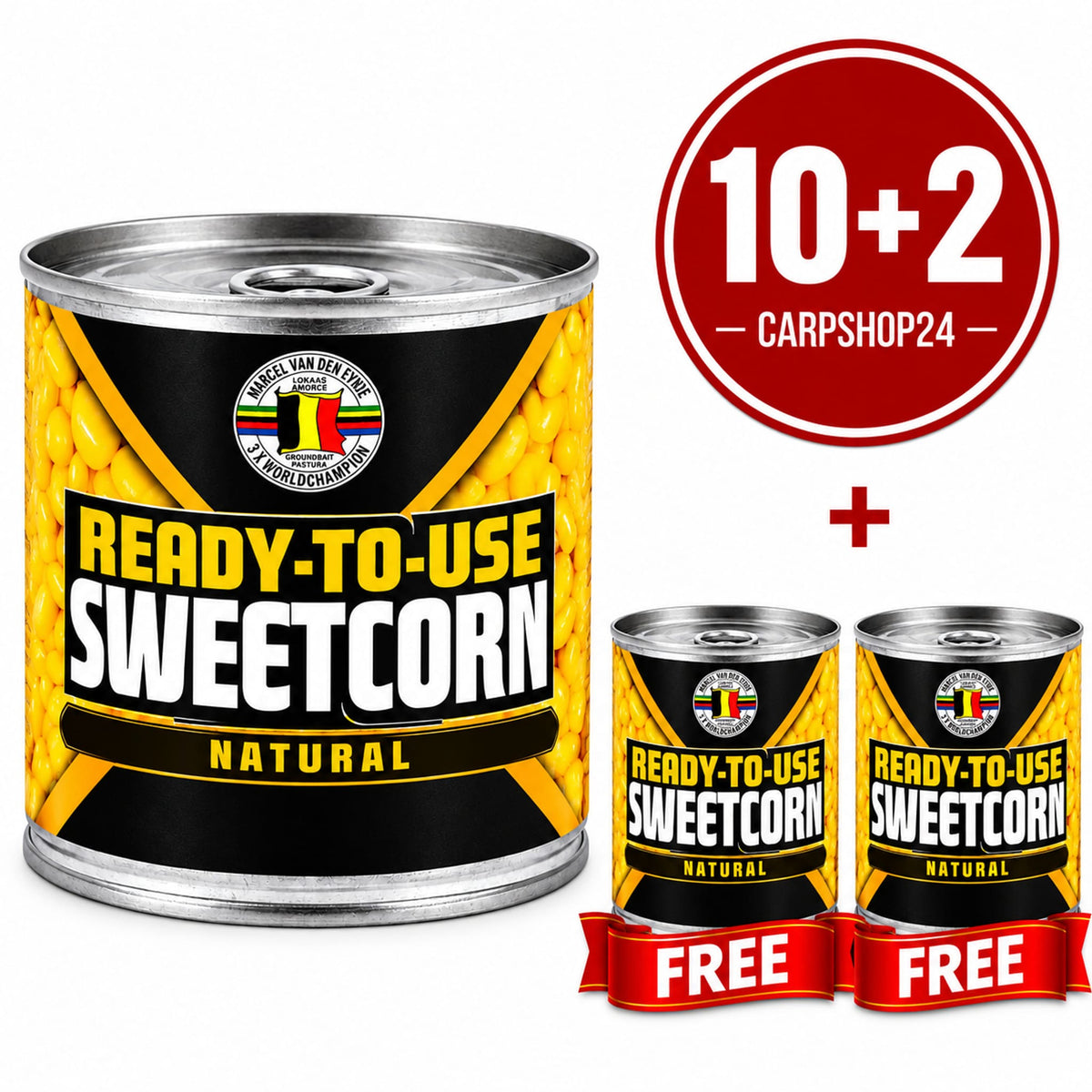 Marcel Van Den Eynde Sweetcorn Natural blik met twee kleine blikken, rode 10+2-badge en FREE-banners