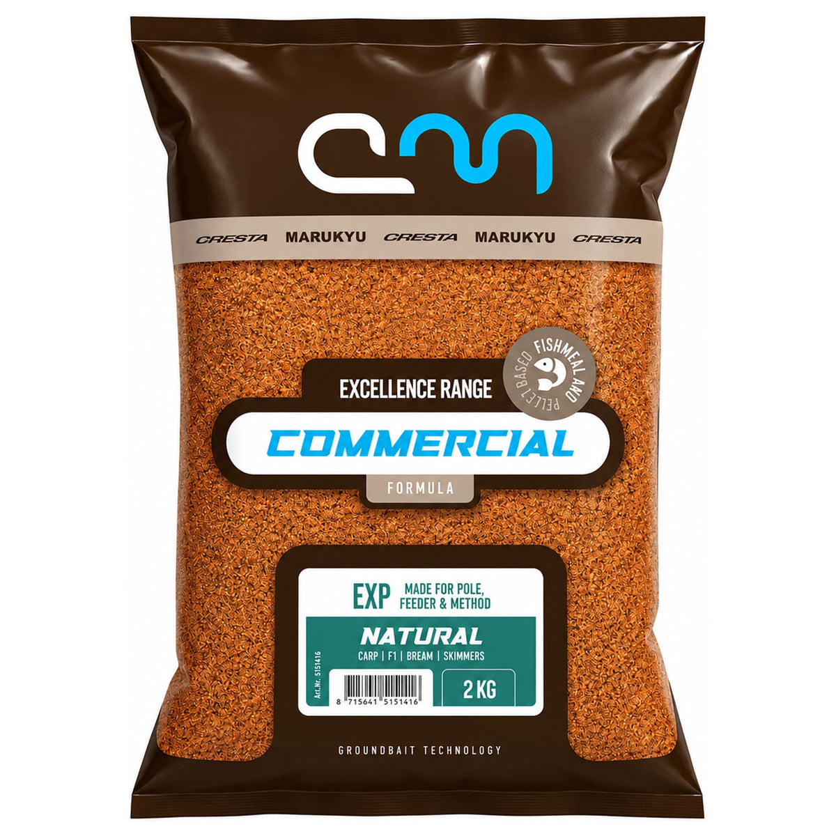 Bruine Cresta Marukyu Commercial EXP Natural-verpakking met zichtbaar grondvoer en opdruk 2 KG