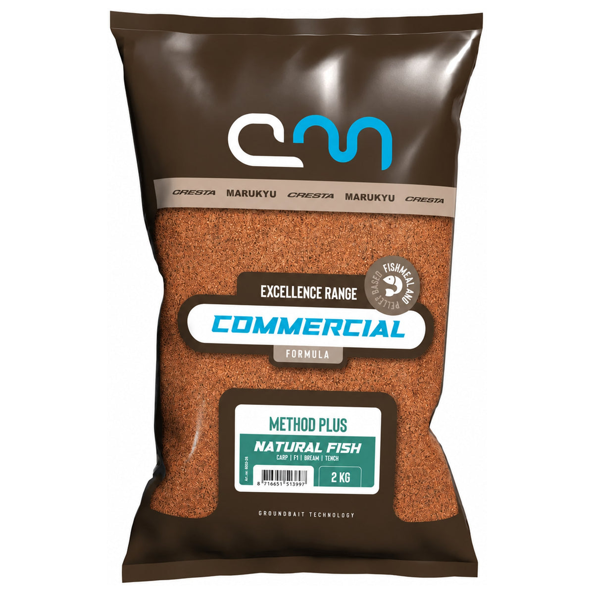 Bruine Cresta Marukyu Commercial Method Plus-verpakking met groen Natural Fish-etiket en opdruk 2 KG
