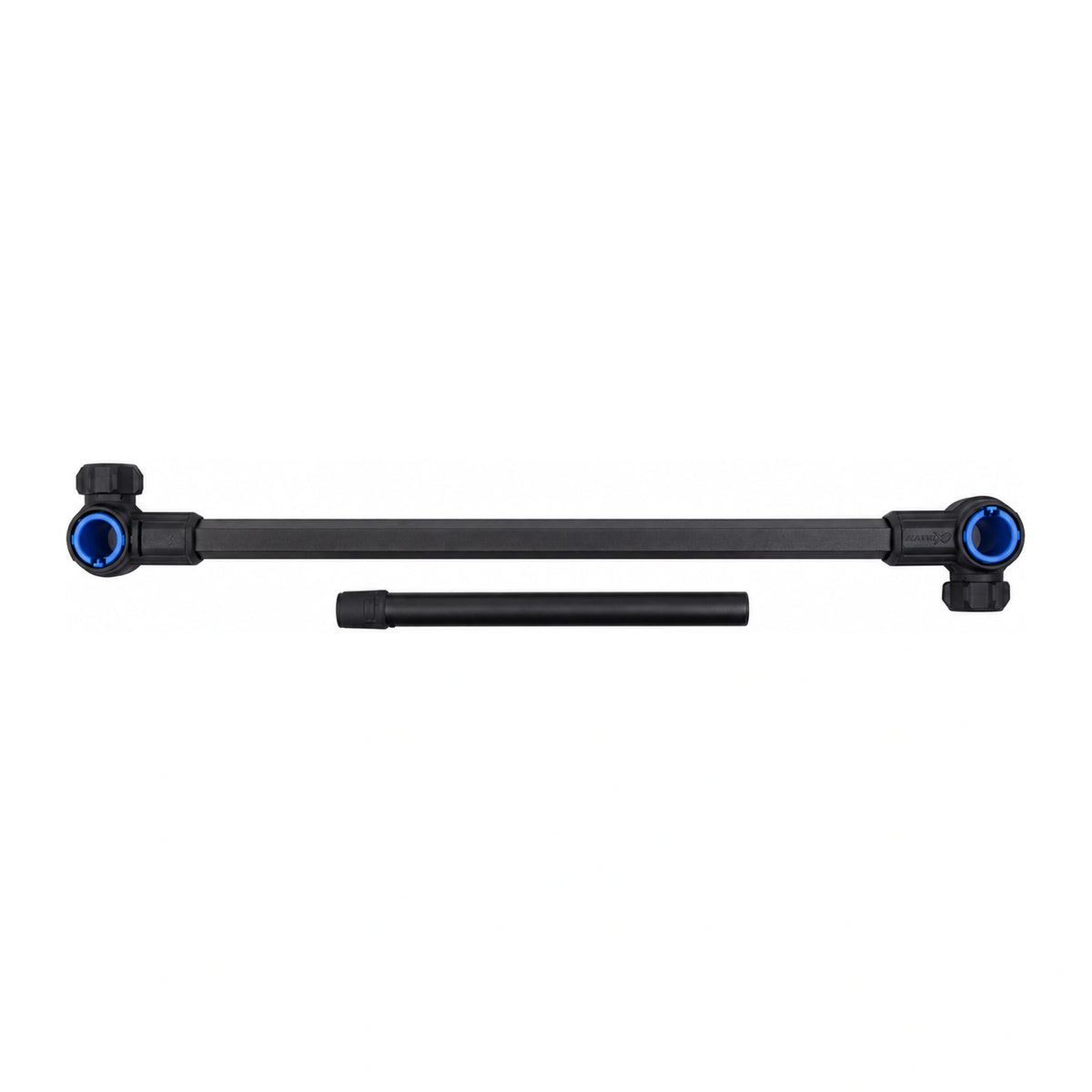 Matrix 3D-R Feeder Arm Rigid – vaste zwarte feederarm met twee blauwe kleminzetten en losse verticale eindbuis op wit