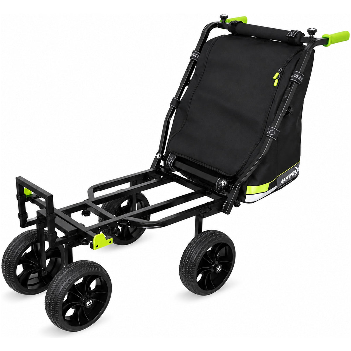 Zwarte Matrix transportkar met vier wielen, open laadframe, grote tas en felgroene handgrepen en ritslipjes.