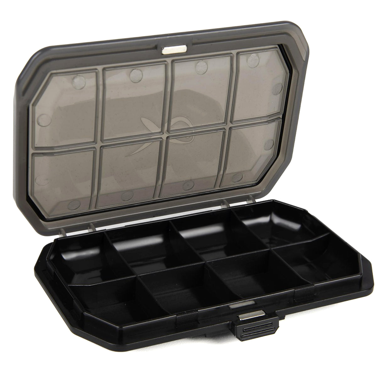 Matrix 8 Compartment Shallow Accessory Box – open vooraanzicht met acht compartimenten en sluitclip