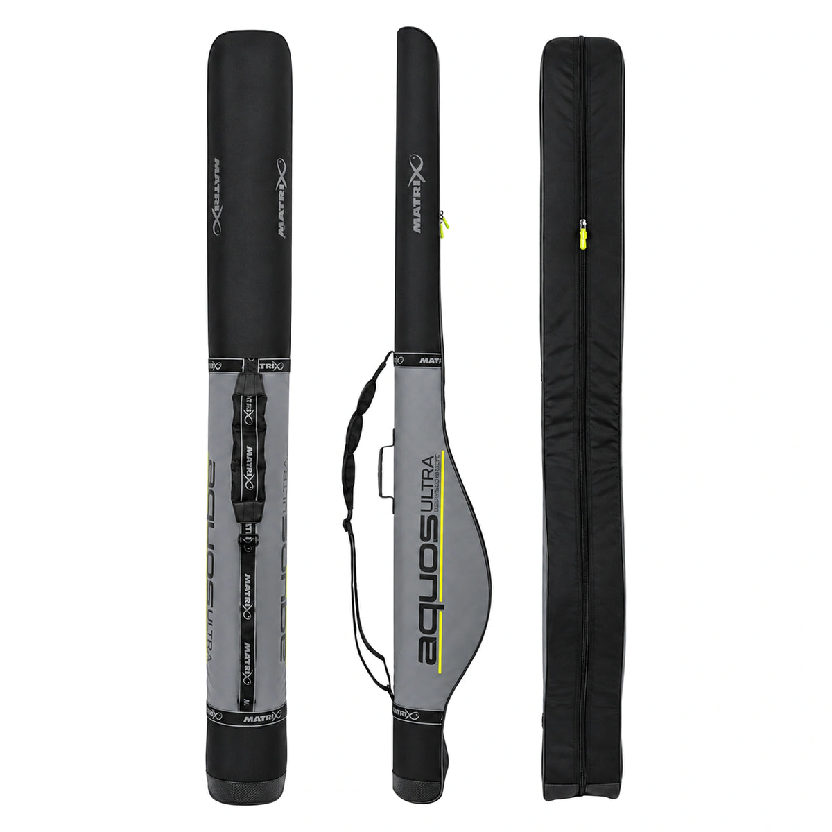 Matrix Aquos Ultra 2 Rod Sleeve 195 cm GLU174 – drie volledige aanzichten van het zwarte en grijze hengelfoedraal met draagriem en ritssluiting