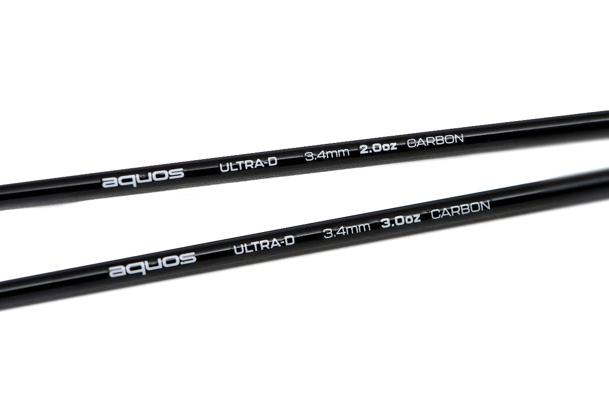 Twee Matrix Aquos Ultra-D carbontoppen met zichtbare opdruk 3.4mm 2.0oz en 3.4mm 3.0oz