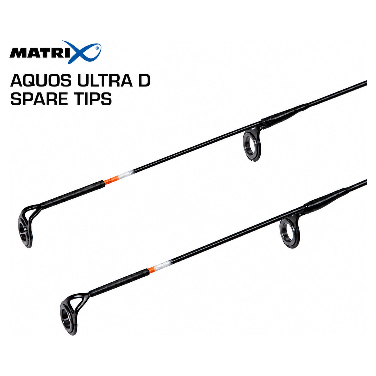 Twee Matrix Aquos Ultra D feedertoppen met oranje en witte markeringen en geleideogen