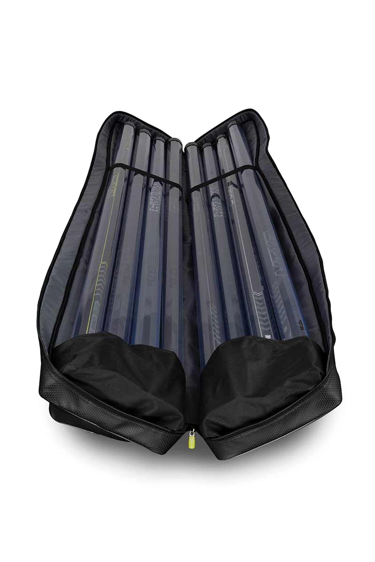 Matrix Aquos Ultra Rod Holdall hengelfoedraal, geopend hoofdvak met hengelkokers