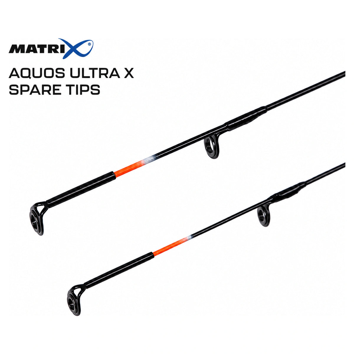 Twee Matrix Aquos Ultra X feedertoppen met oranje secties en geleideogen