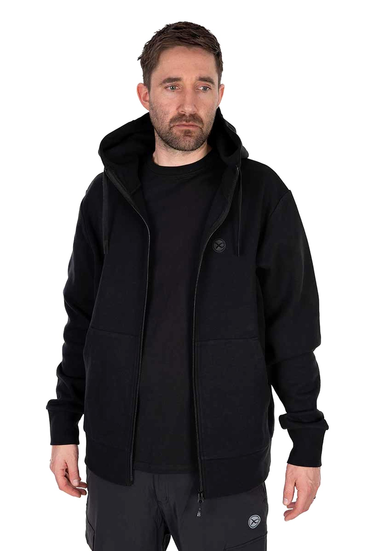 Matrix Black Stealth Zip Hoody zwart met geopende rits op model