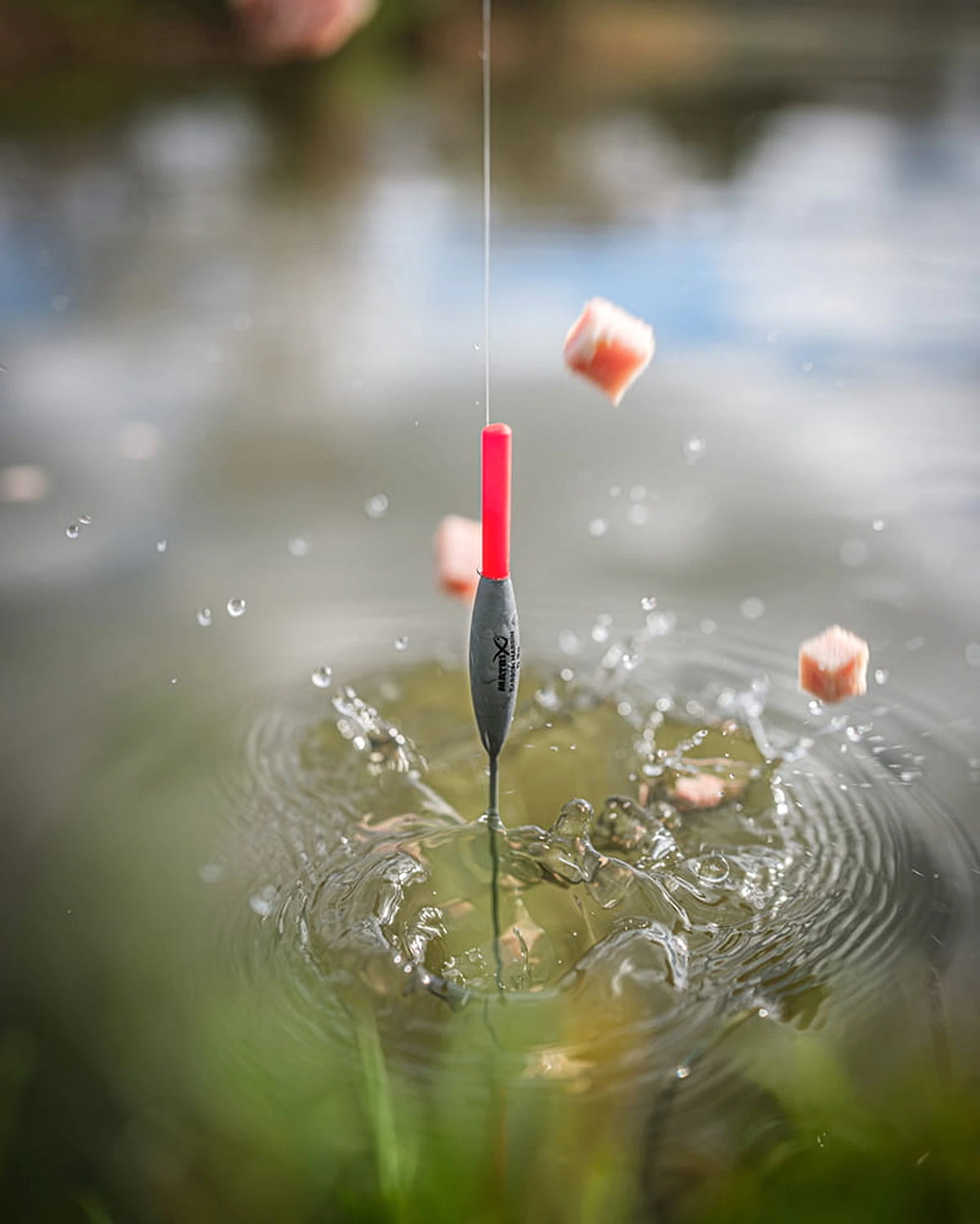 Matrix Carbon Margin-dobber boven opspattend water tijdens het bijvoeren met vleesblokjes