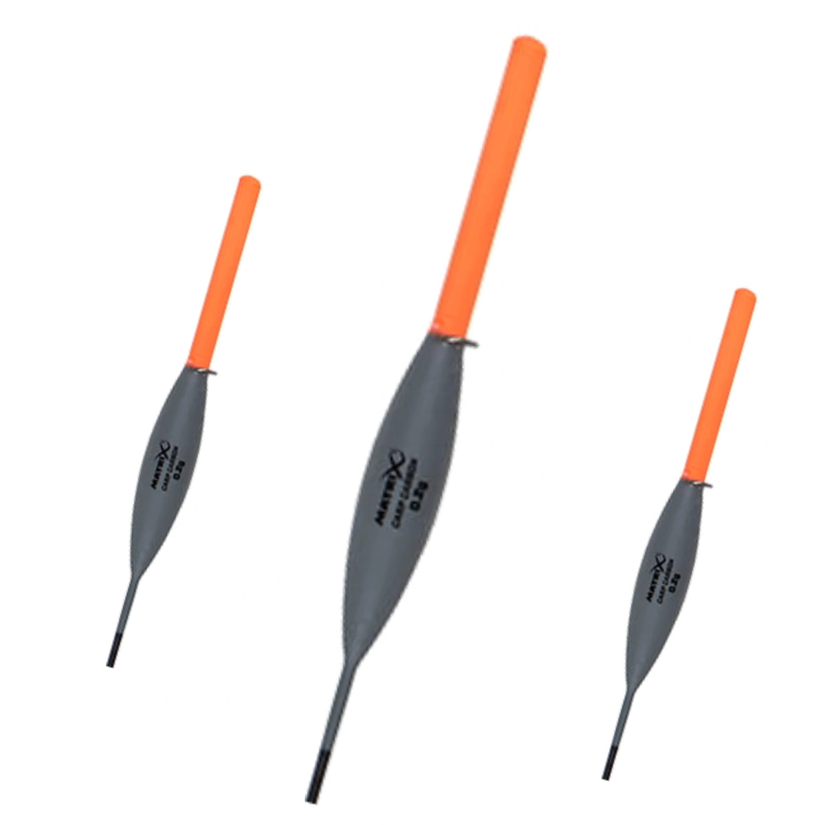 Matrix Carp Carbon Pole Floats, drie dobbers 0.2g met de middelste groter op de voorgrond