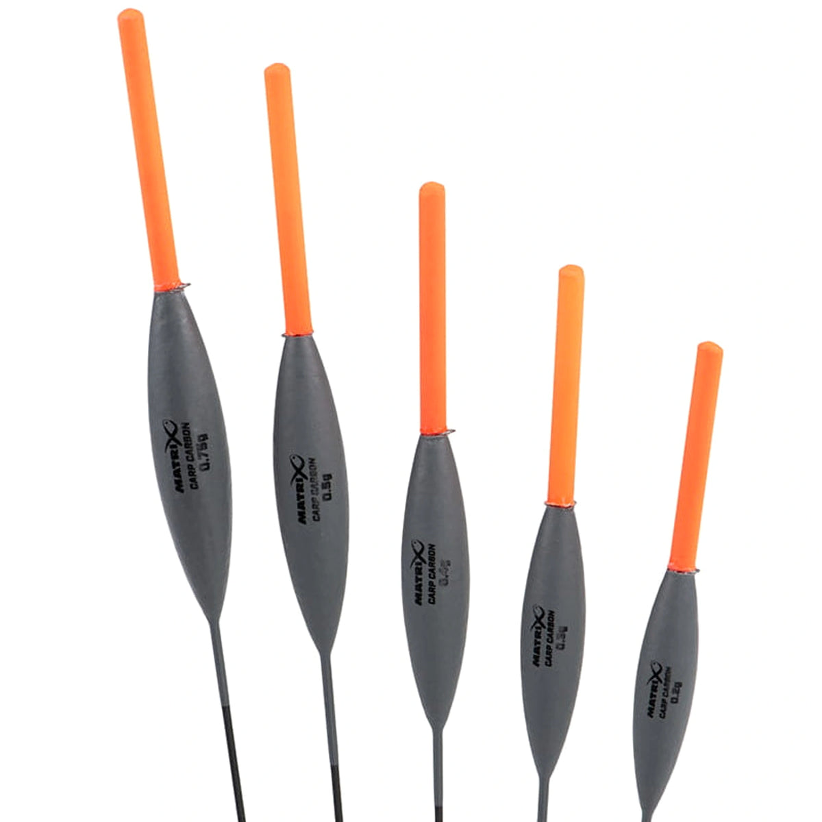 Matrix Carp Carbon Pole Floats, detail van de vijf draagvermogens 0.2g tot 0.75g