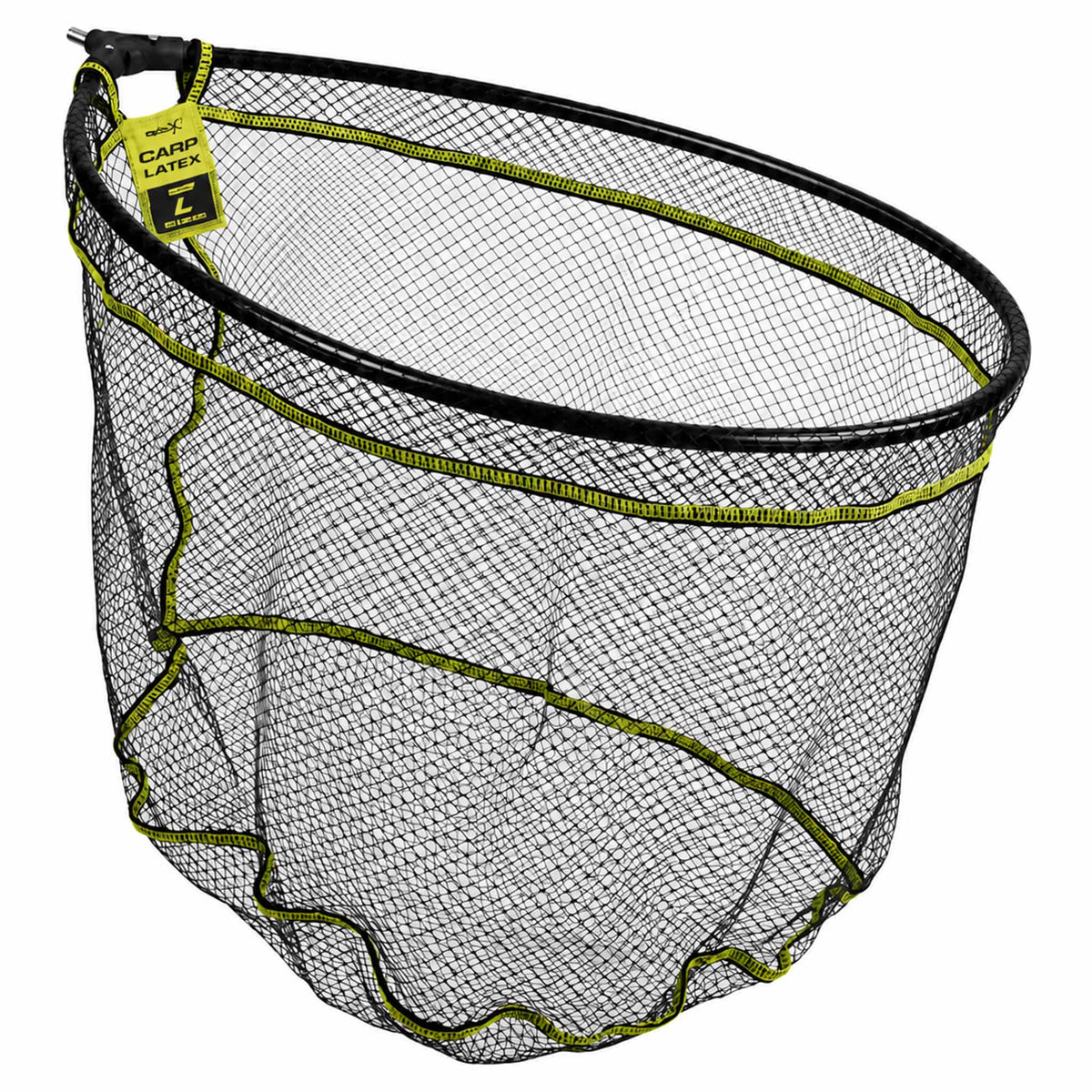 Zwart Matrix Carp Latex schepnet met ovale rand, geelgroene naden en een L-label, schuin van boven