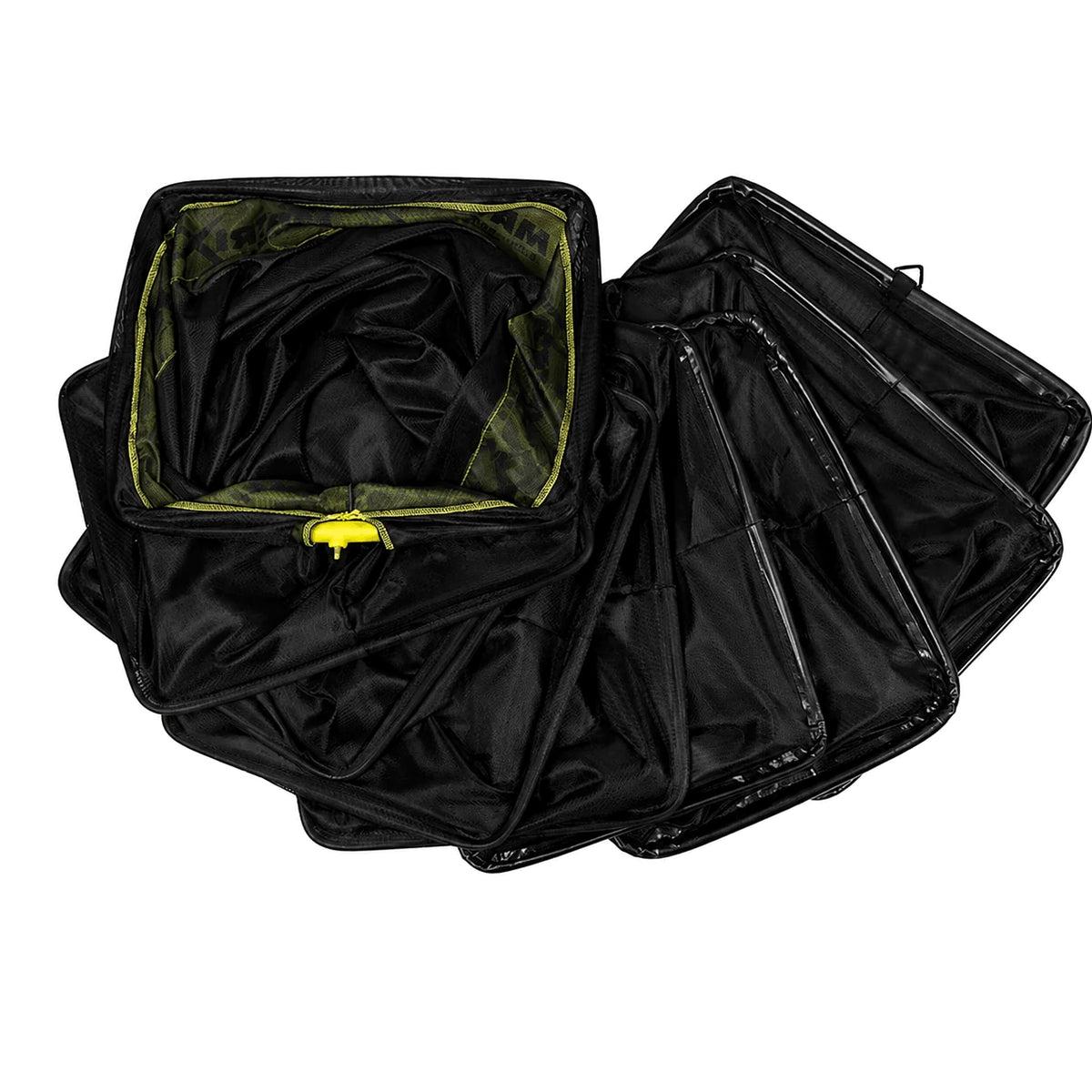 Ingevouwen Matrix Carp Safe Keepnet 3m met open bovenzijde, gele connector en gestapelde rechthoekige ringen