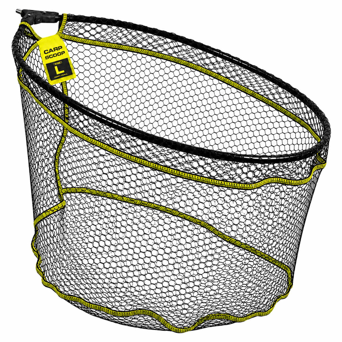 Zwart Matrix Carp Scoop schepnet met zeshoekige mazen, gele naden en een L-label, schuin van boven